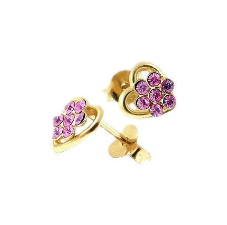 Children's Earrings:  14k Gold Over Sterling Silver Flower on Heart Earrings