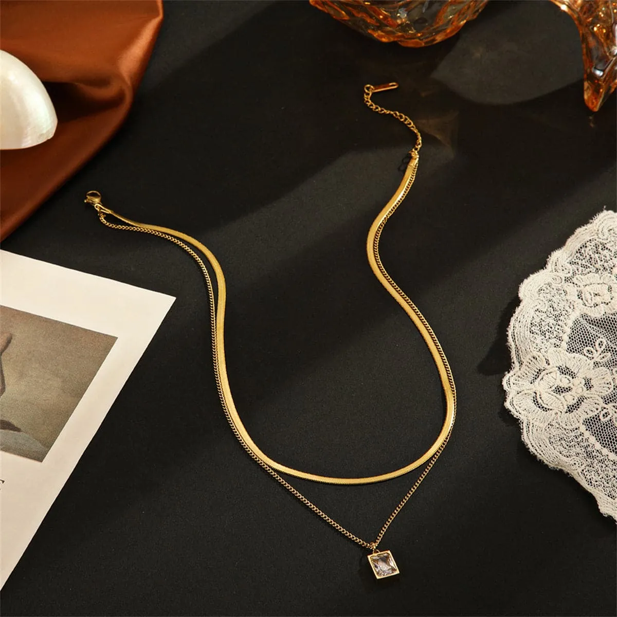 Clear Crystal & 18K Gold-Plated Snake Chain Layered Pendant Necklace