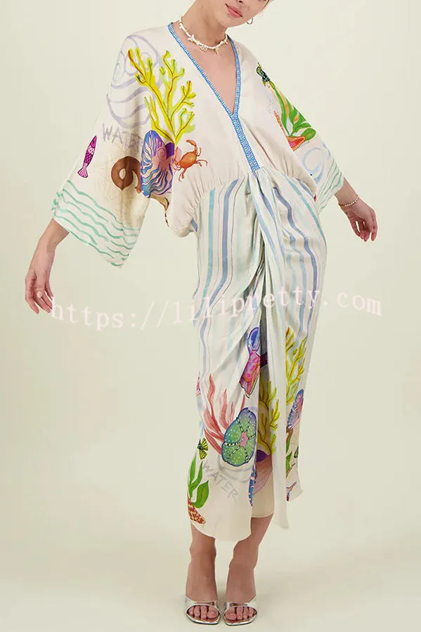 Coastal Seashell Satin Unique Print Drape Gathered Kimono Midi Dress