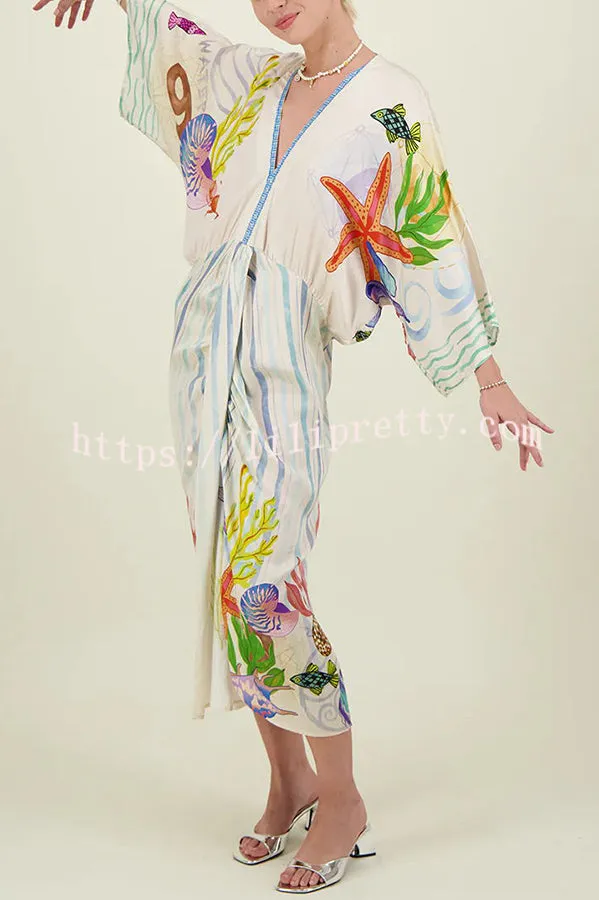 Coastal Seashell Satin Unique Print Drape Gathered Kimono Midi Dress