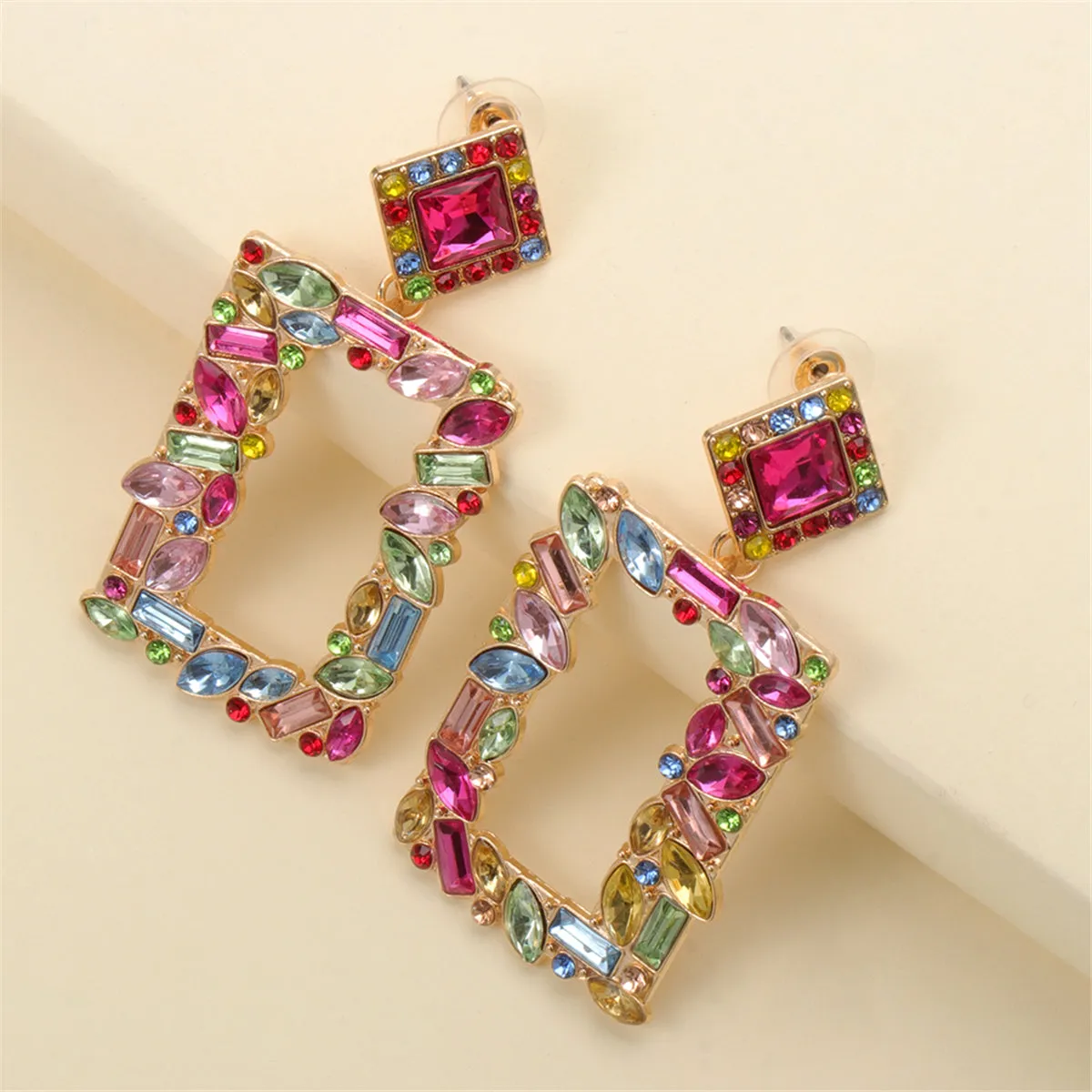 Colored Crystal & 18K Gold-Plated Open-Rectangle Drop Earrings