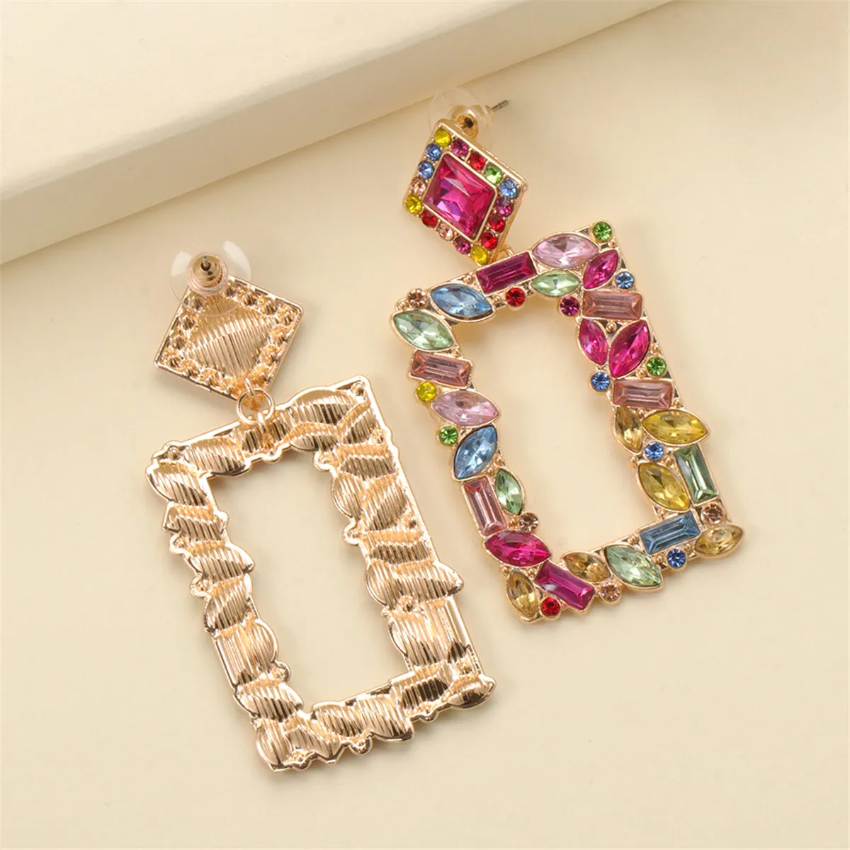 Colored Crystal & 18K Gold-Plated Open-Rectangle Drop Earrings