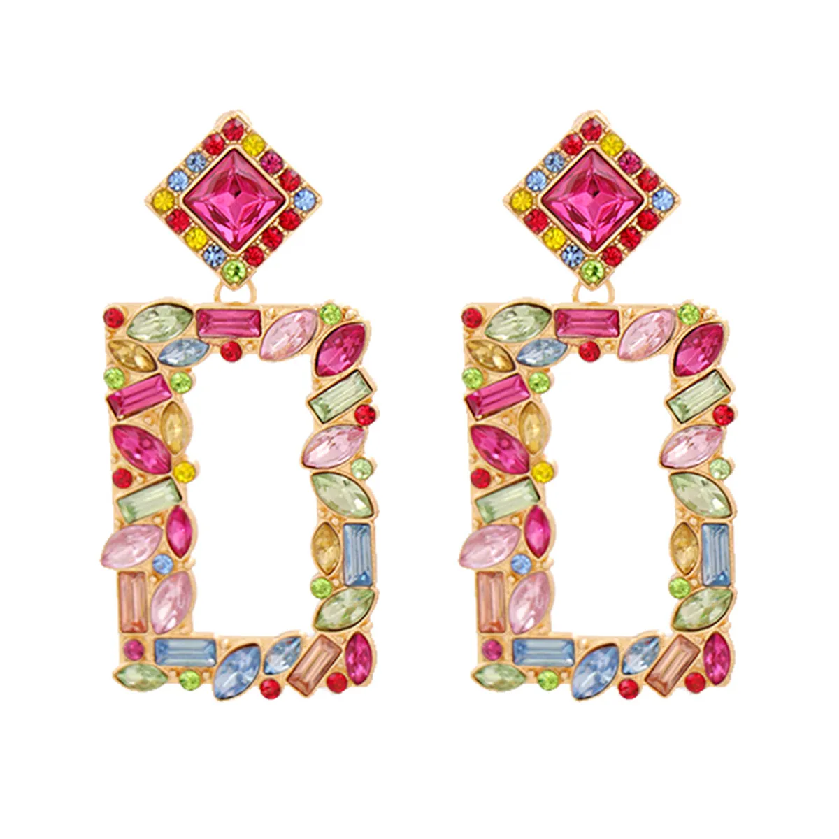 Colored Crystal & 18K Gold-Plated Open-Rectangle Drop Earrings