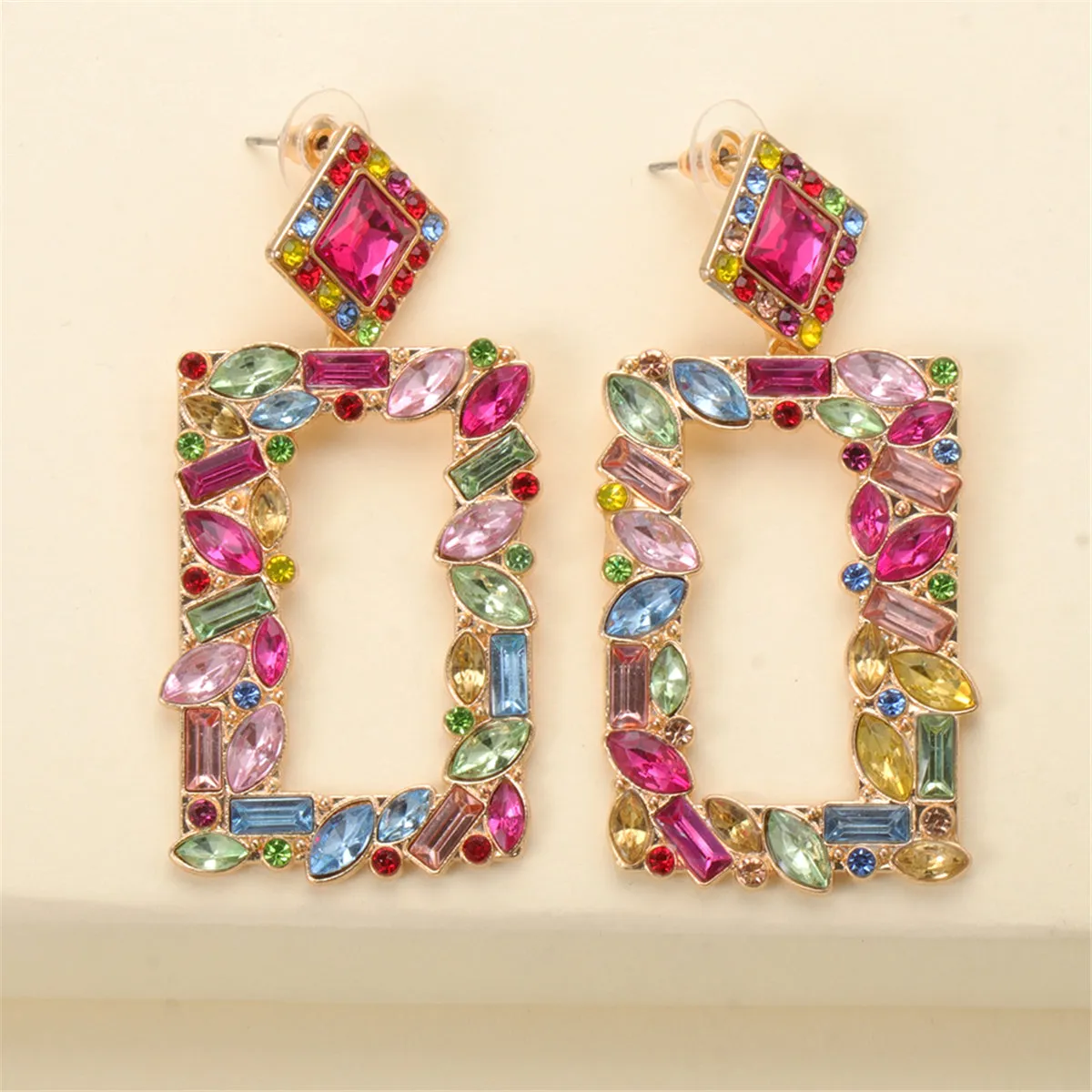 Colored Crystal & 18K Gold-Plated Open-Rectangle Drop Earrings
