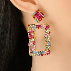 Colored Crystal & 18K Gold-Plated Open-Rectangle Drop Earrings