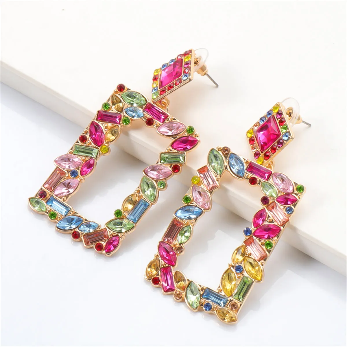 Colored Crystal & 18K Gold-Plated Open-Rectangle Drop Earrings