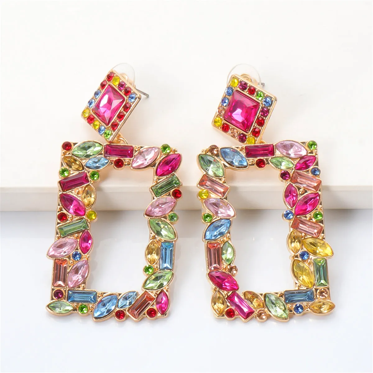 Colored Crystal & 18K Gold-Plated Open-Rectangle Drop Earrings