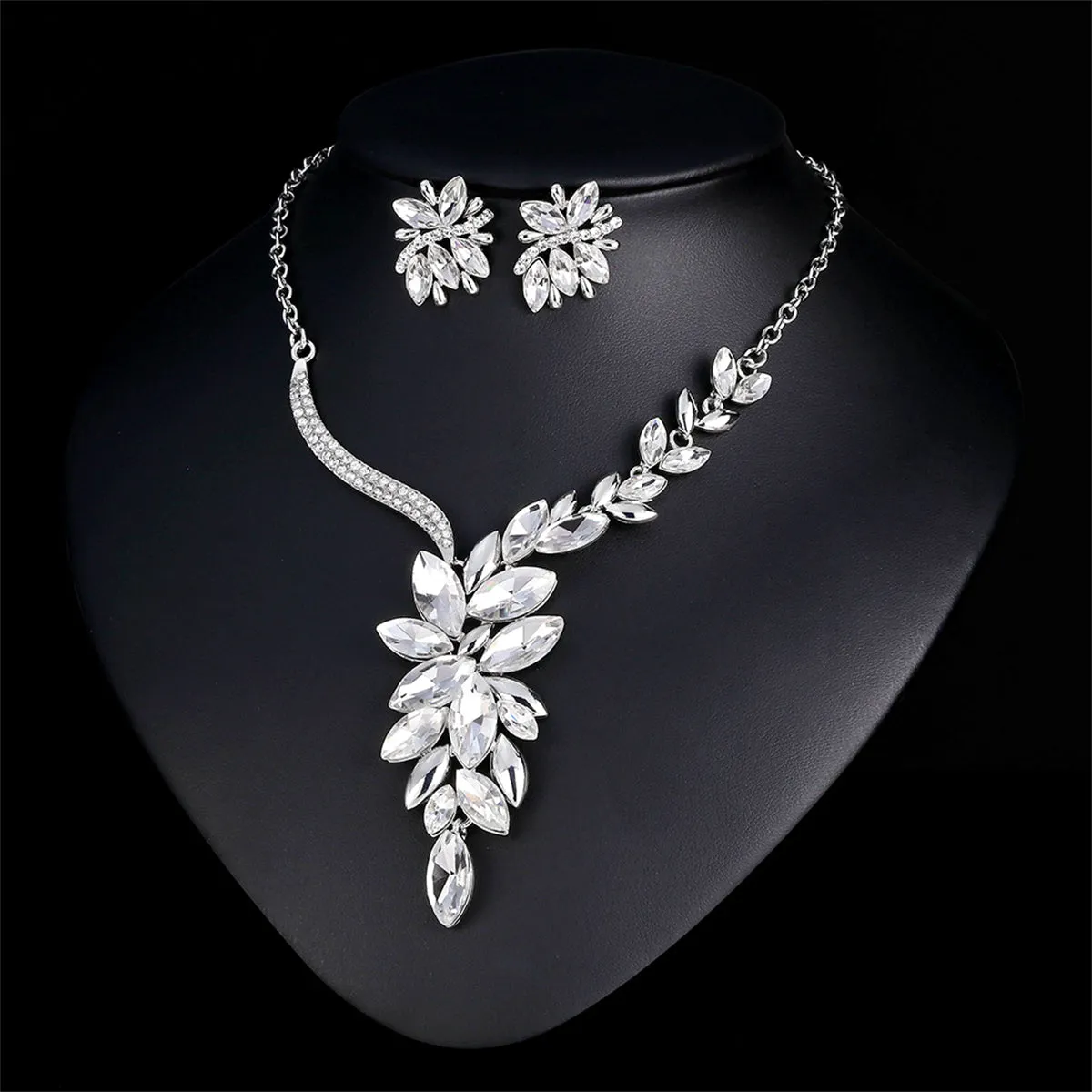 Crystal & Cubic Zirconia Cluster Necklace & Drop Earrings