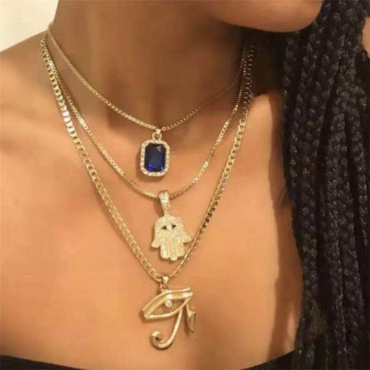 Crystal & Cubic Zirconia Hamsa Pendant Layered Necklace