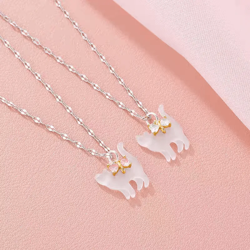 Crystal Bowknot Cat Pendant Necklace