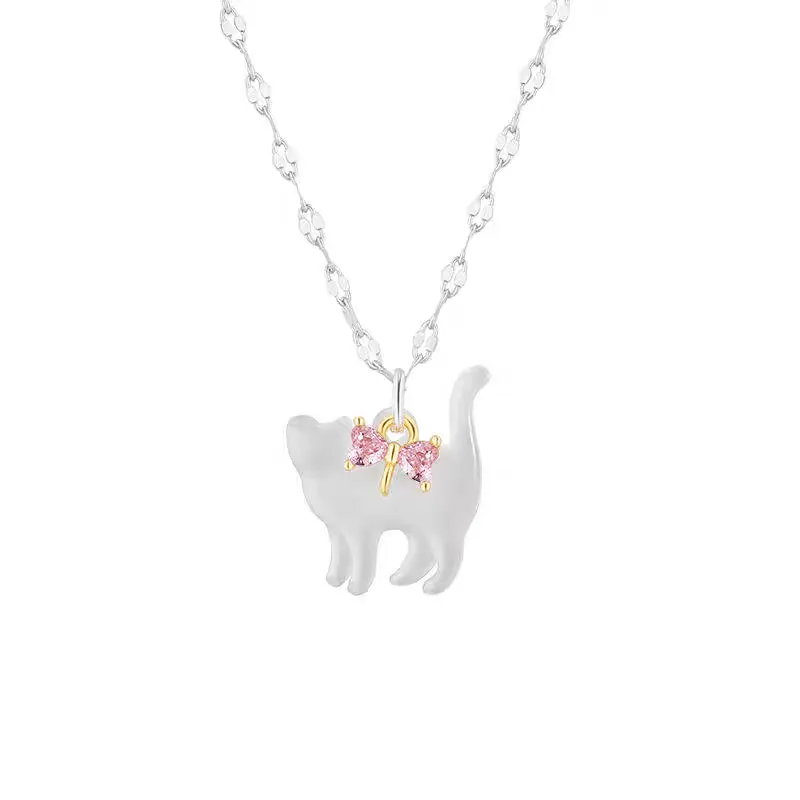 Crystal Bowknot Cat Pendant Necklace