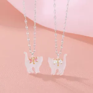 Crystal Bowknot Cat Pendant Necklace