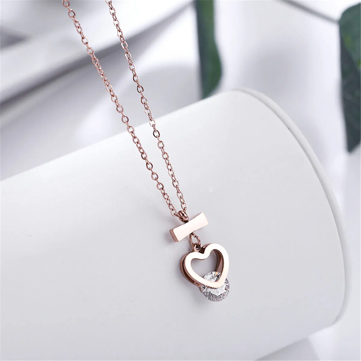 Cubic Zirconia & 18K Rose Gold-Plated Open Heart Pendant Necklace