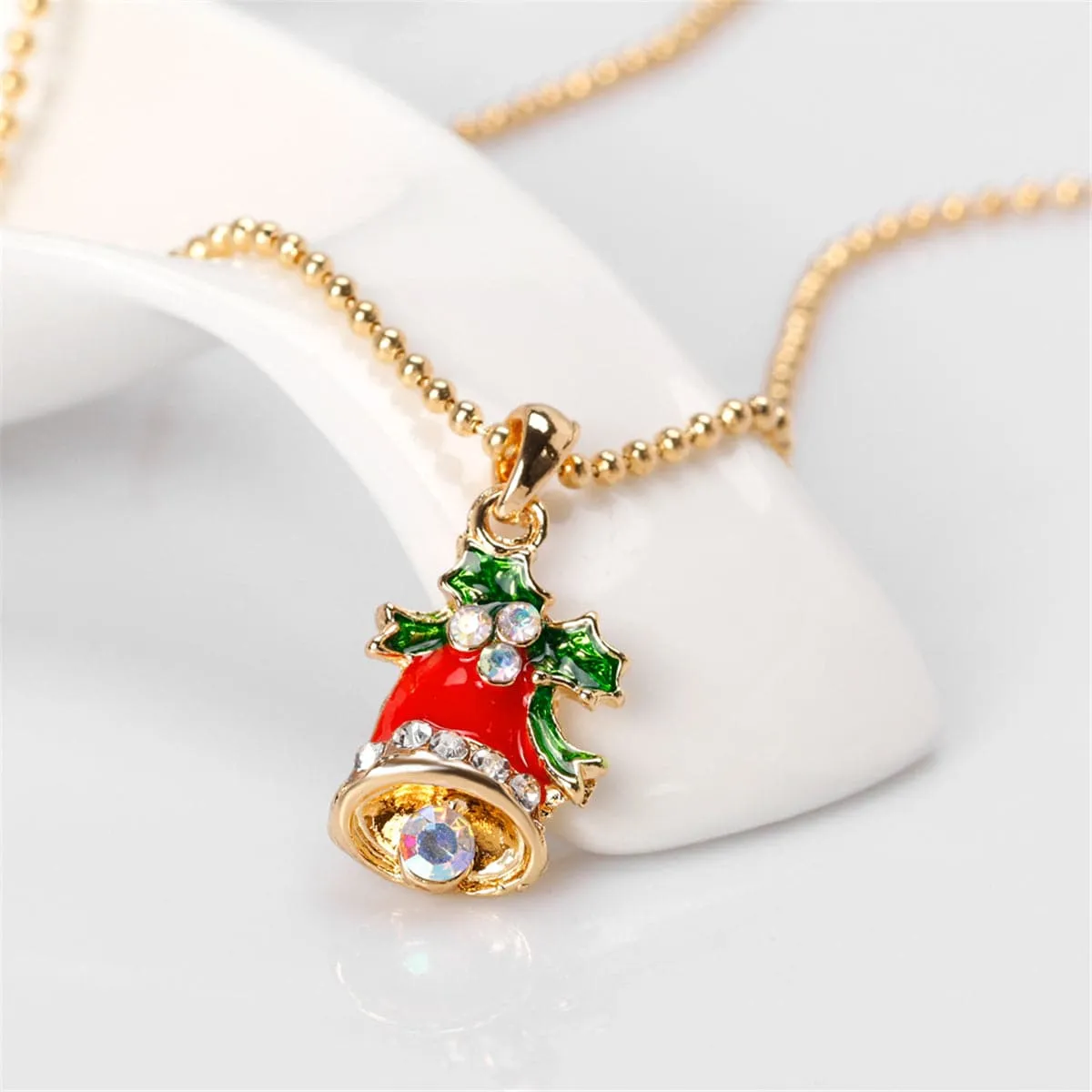Cubic Zirconia & Enamel 18K Gold-Plated Christmas Bell Pendant Necklace