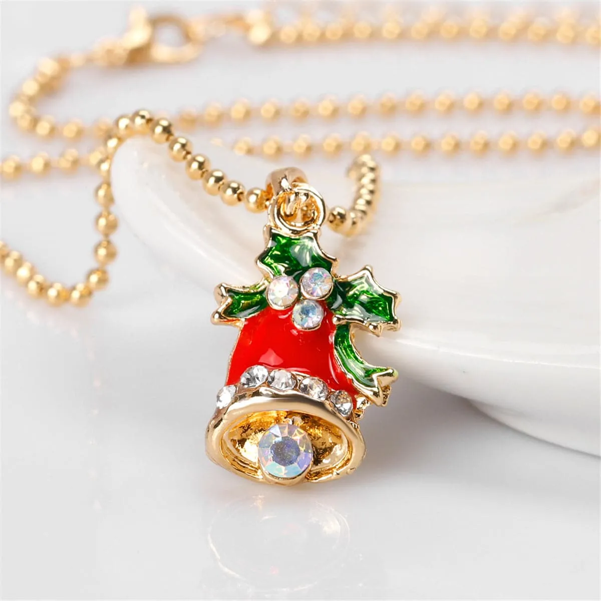 Cubic Zirconia & Enamel 18K Gold-Plated Christmas Bell Pendant Necklace