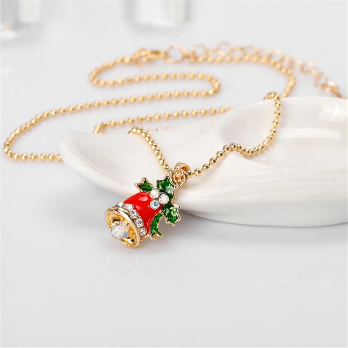 Cubic Zirconia & Enamel 18K Gold-Plated Christmas Bell Pendant Necklace