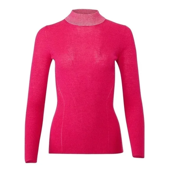 DREYDEN Merino Wool Blend Ribbed Knit Barbie Pink Mockneck Slim Fit Sweater L