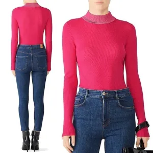 DREYDEN Merino Wool Blend Ribbed Knit Barbie Pink Mockneck Slim Fit Sweater L