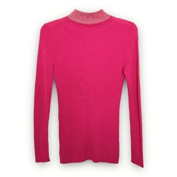 DREYDEN Merino Wool Blend Ribbed Knit Barbie Pink Mockneck Slim Fit Sweater L