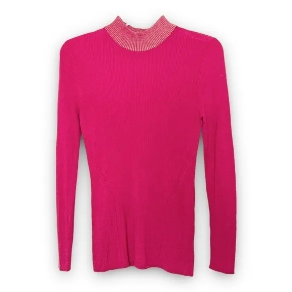 DREYDEN Merino Wool Blend Ribbed Knit Barbie Pink Mockneck Slim Fit Sweater L