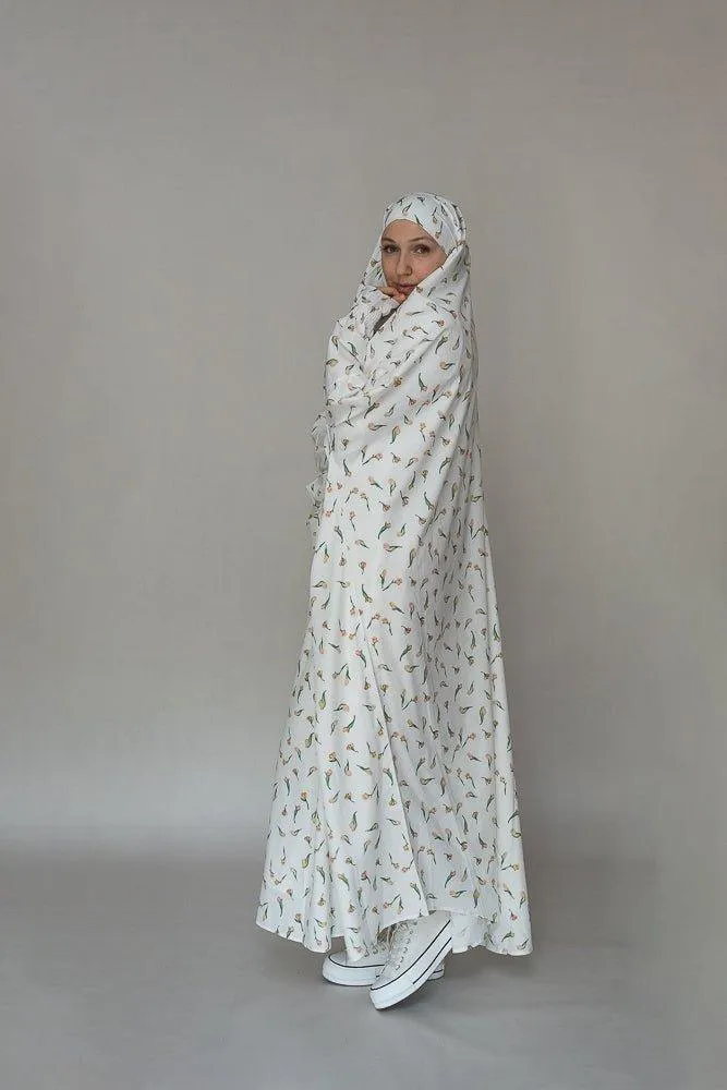 Floral Tulip Print Cotton Satin Gown with Extended Coverage - Petite Length