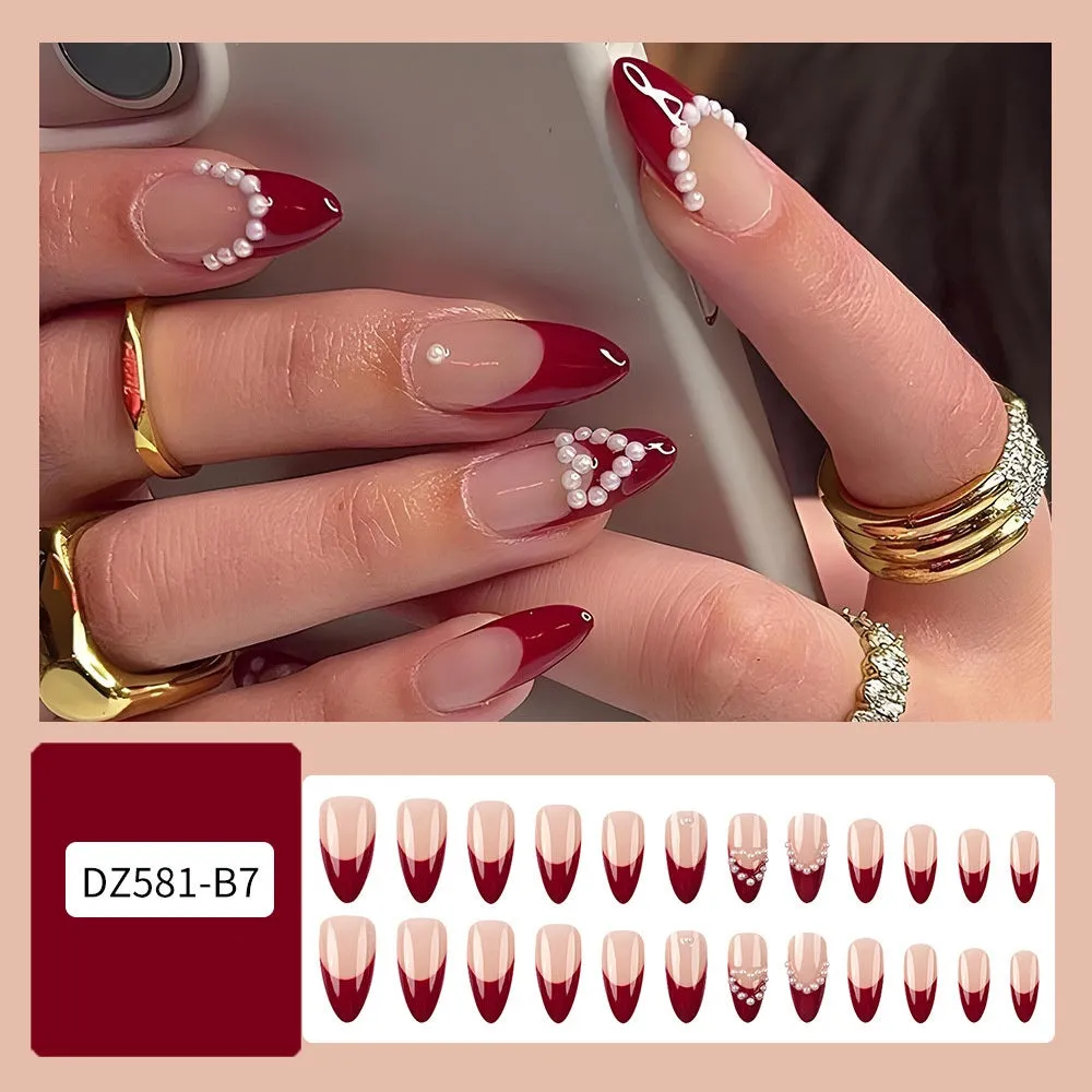 Fofosbeauty 24pcs Press on Nails, Fake Nails, Full Cover Acrylic Nails for Girls Women Kids, Almond New Year Pearl Diamond Red Edge