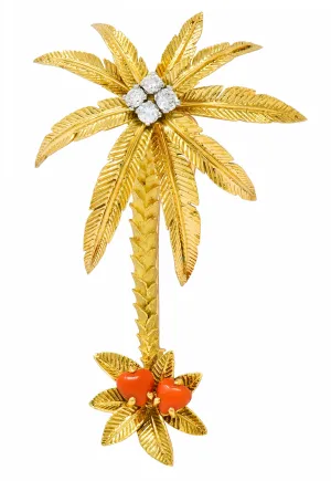 French Cartier Diamond Coral 18 Karat Gold Vintage Palm Tree Brooch