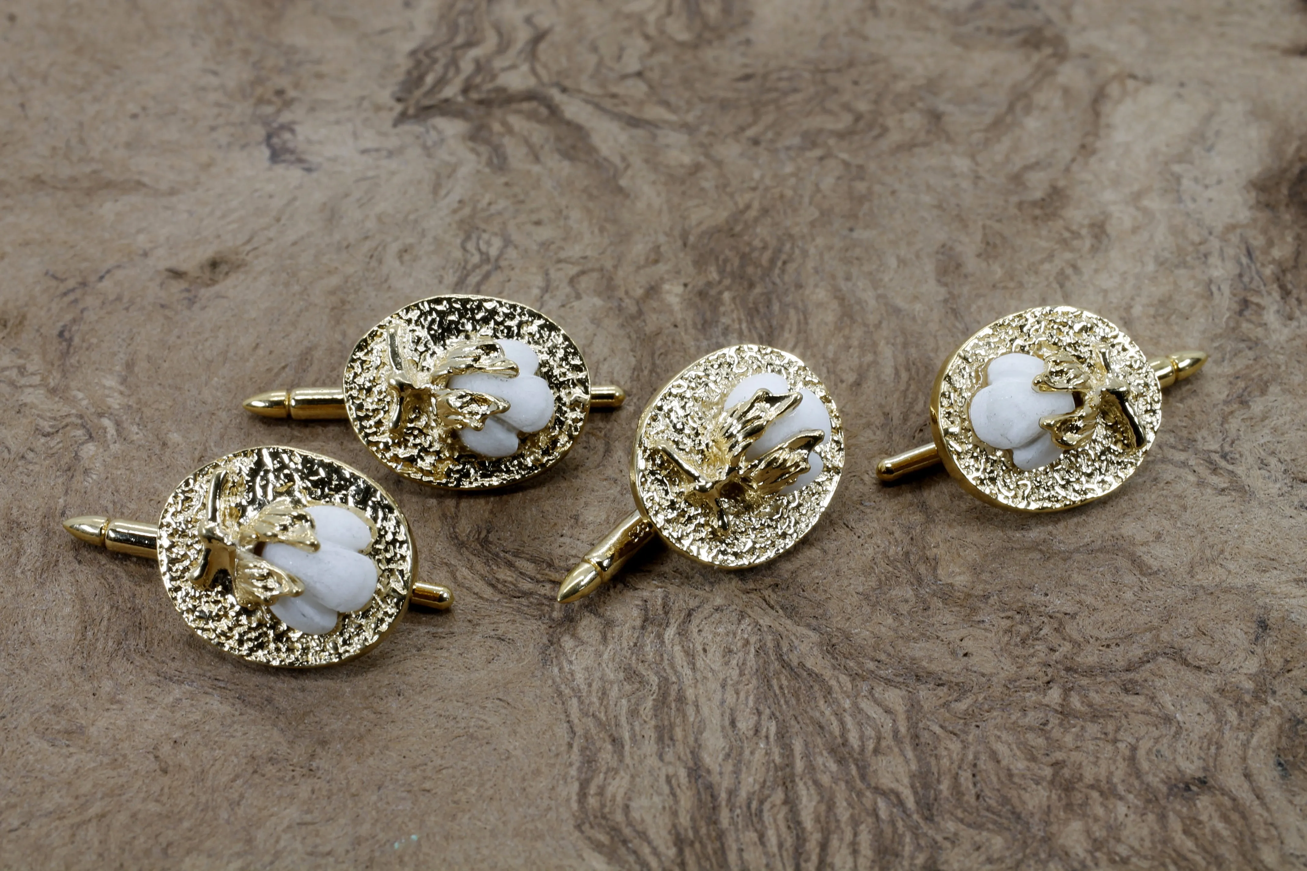 Gold Cotton Boll Tuxedo Shirt Studs With Handmade White Cotton Bolls