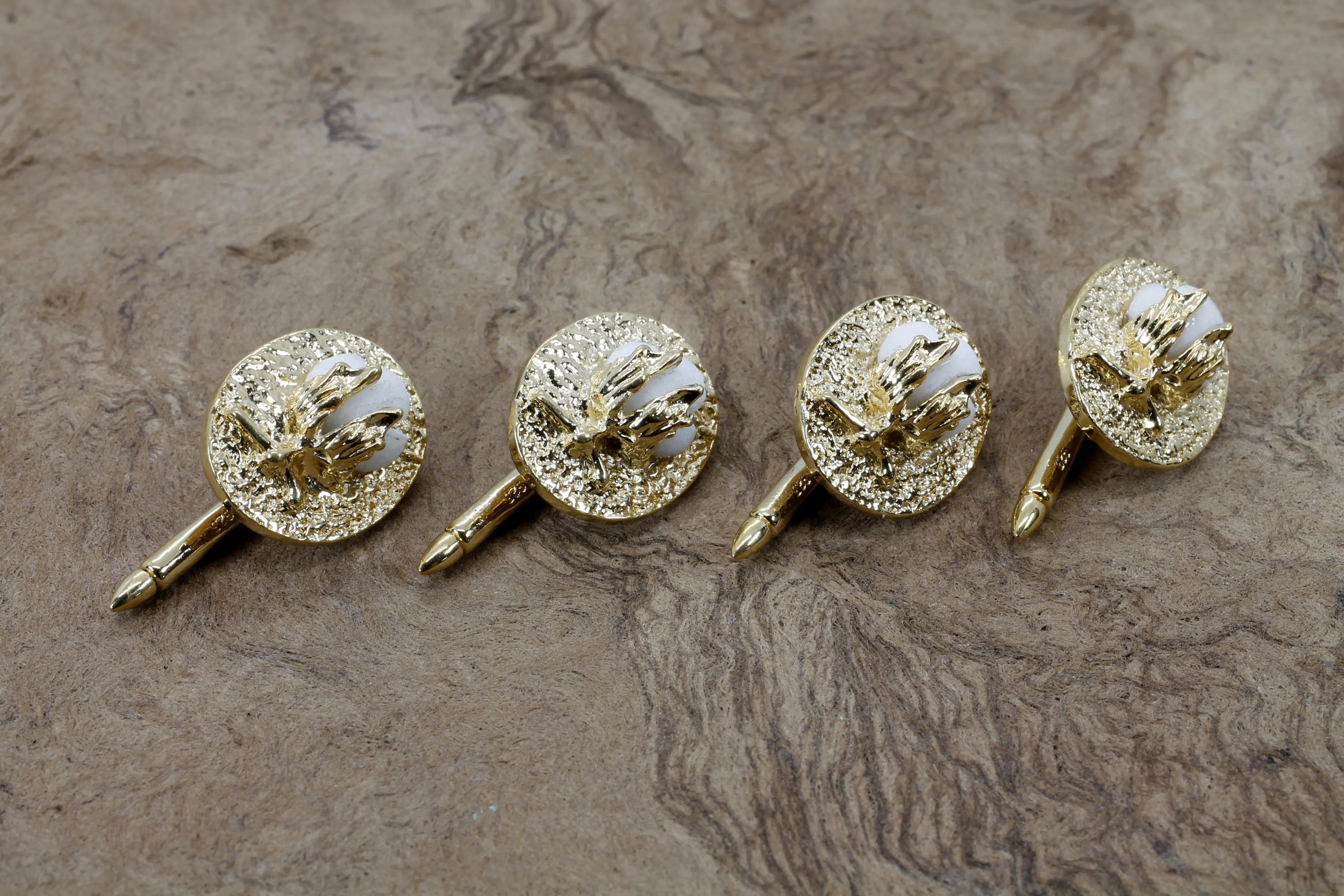 Gold Cotton Boll Tuxedo Shirt Studs With Handmade White Cotton Bolls