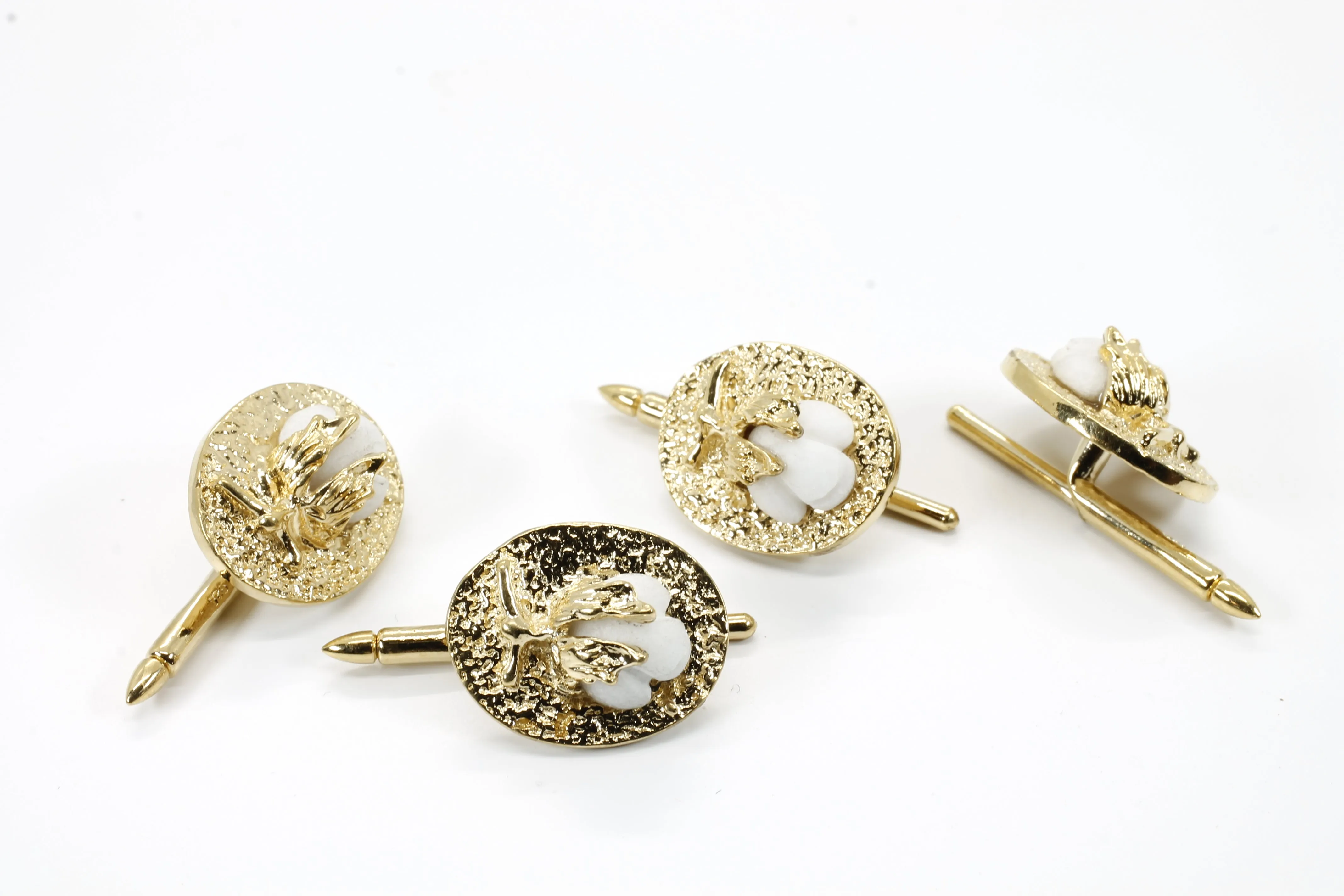 Gold Cotton Boll Tuxedo Shirt Studs With Handmade White Cotton Bolls