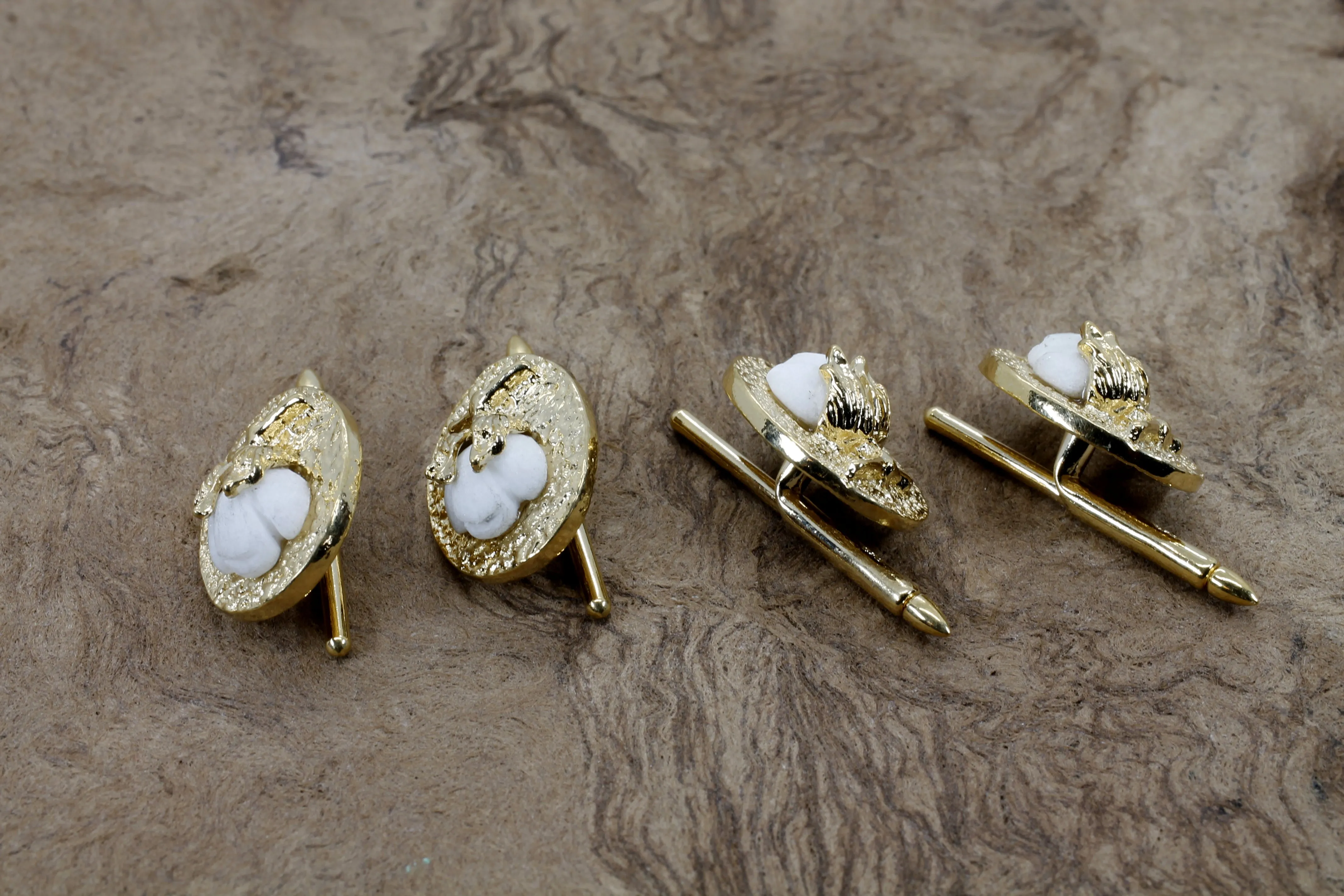 Gold Cotton Boll Tuxedo Shirt Studs With Handmade White Cotton Bolls