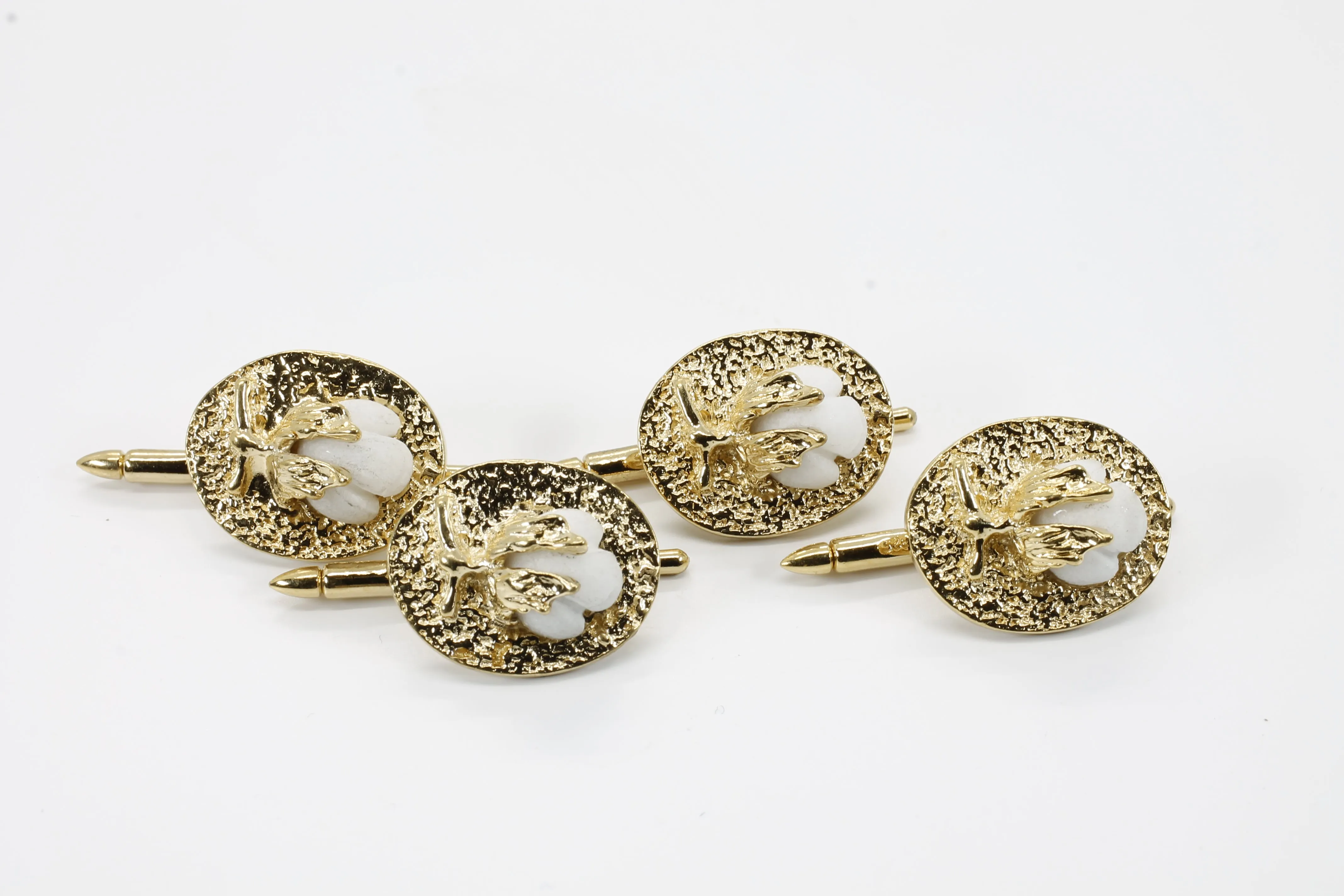 Gold Cotton Boll Tuxedo Shirt Studs With Handmade White Cotton Bolls