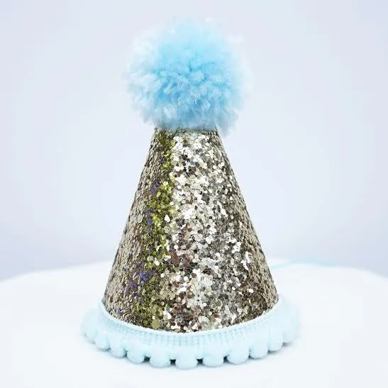 Gold Glitter Sparkles Blue 1/2 Birthday Boy Cone Party Hat Toddler Birthday 6 month Pom Pom