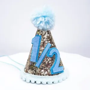 Gold Glitter Sparkles Blue 1/2 Birthday Boy Cone Party Hat Toddler Birthday 6 month Pom Pom