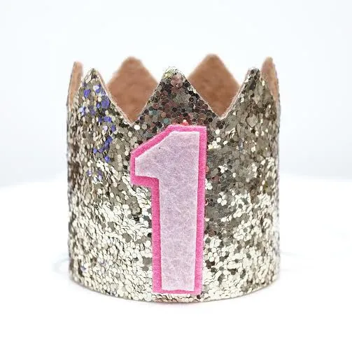 Gold Glitter Sparkles Pink 1st Birthday Girl Hat Party Crown Toddler 1 Princess Birthday