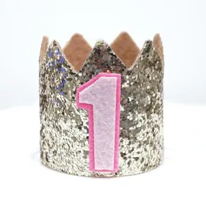 Gold Glitter Sparkles Pink 1st Birthday Girl Hat Party Crown Toddler 1 Princess Birthday