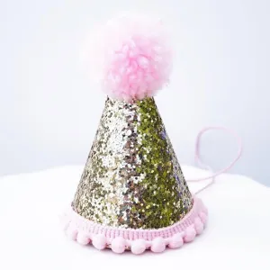 Gold Glitter Sparkles Pink Birthday Girl Cone Party Hat Toddler Pom Pom Party Hat Decor