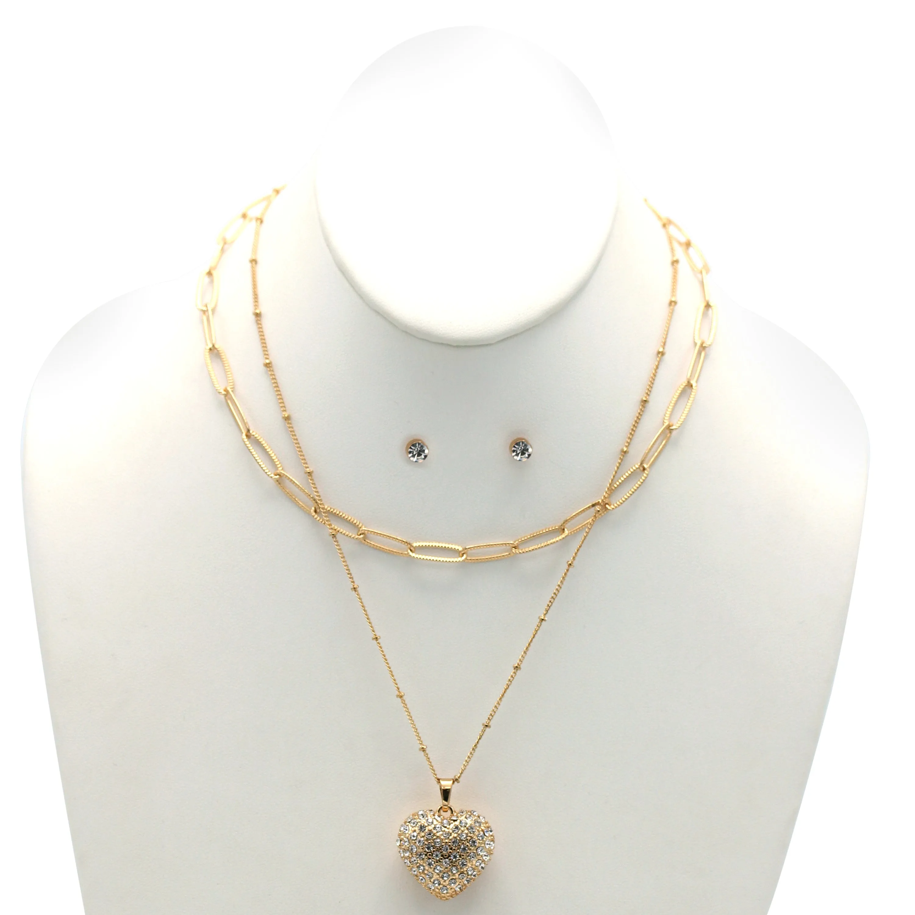 Gold Heart Crystal Pendant Necklace And Earrings Set# # HNN E90640GC Gold Crystal(SE6)SF6)