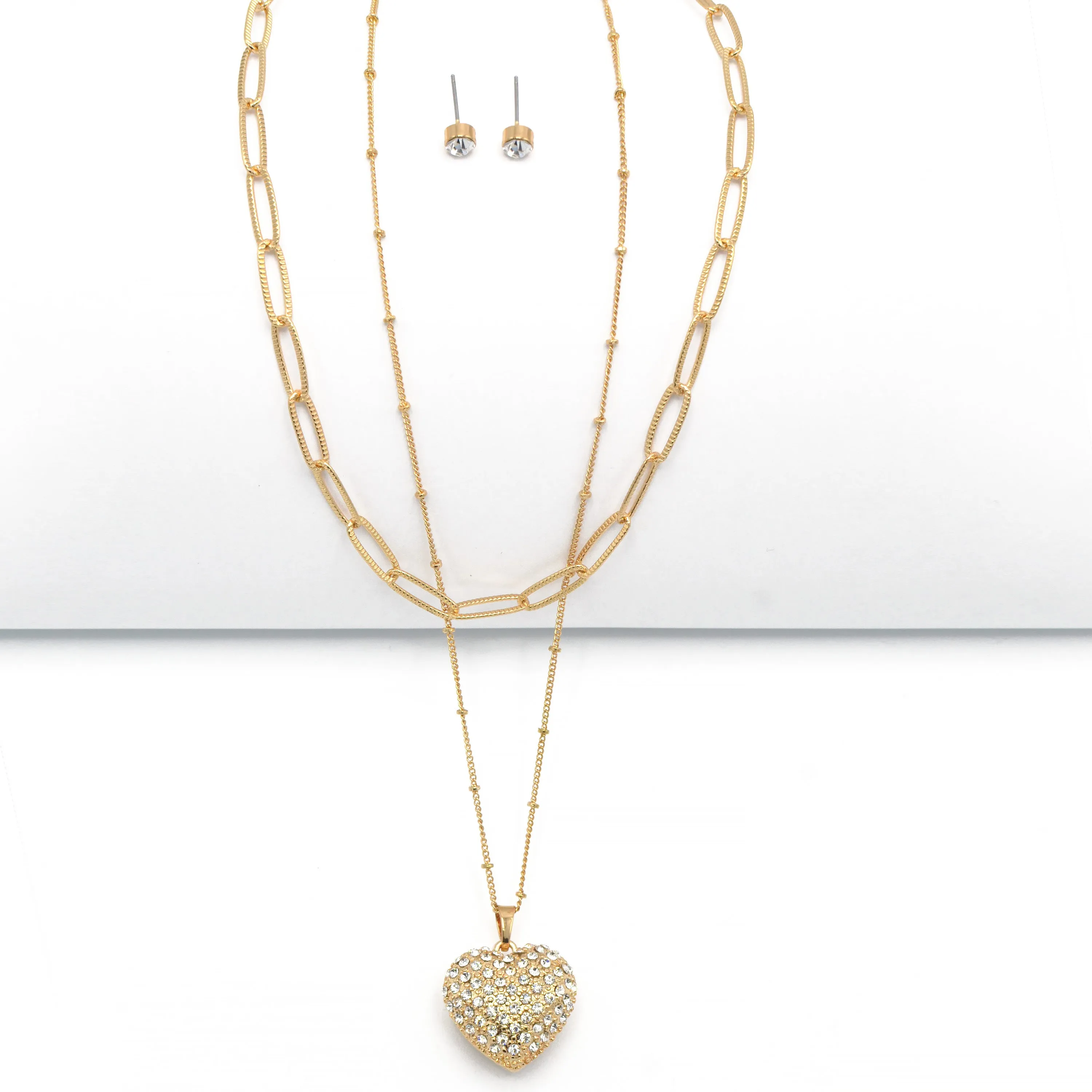 Gold Heart Crystal Pendant Necklace And Earrings Set# # HNN E90640GC Gold Crystal(SE6)SF6)