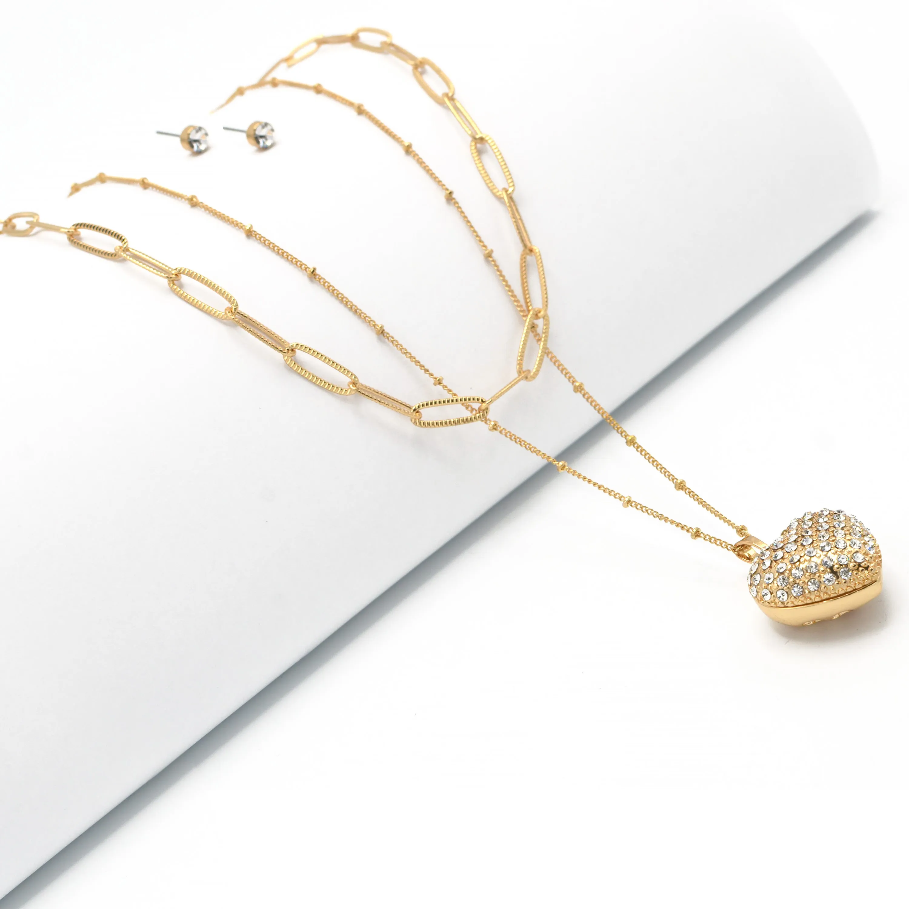 Gold Heart Crystal Pendant Necklace And Earrings Set# # HNN E90640GC Gold Crystal(SE6)SF6)