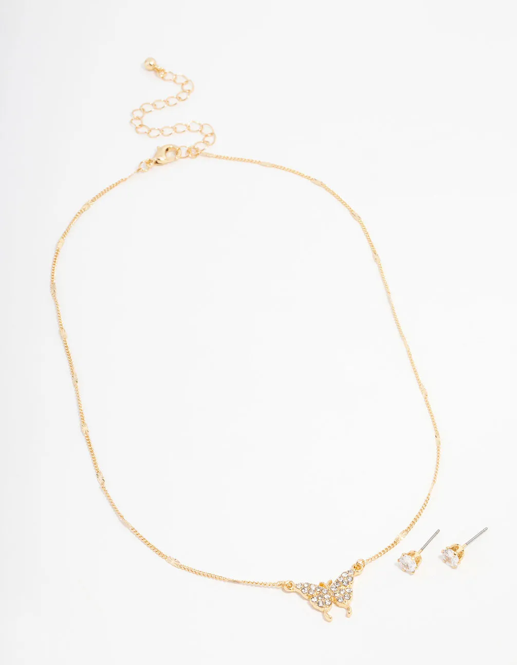 Gold Plated Diamante Butterfly Necklace & Stud Earrings Set