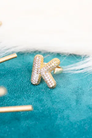 Goldtone Crystal Pave "K"  Cuff Ring
