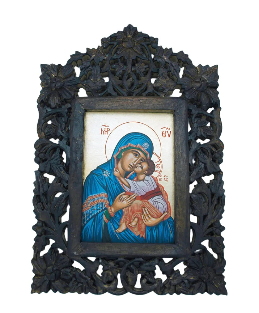 Greek Icon, Hand Painted Serigraph in Carved Wood