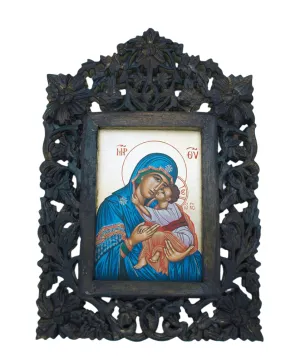 Greek Icon, Hand Painted Serigraph in Carved Wood