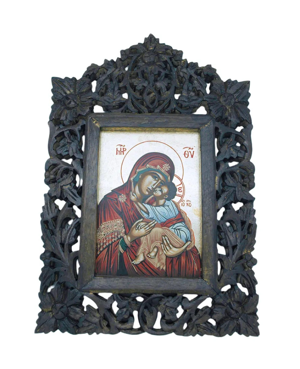 Greek Icon, Hand Painted Serigraph in Carved Wood
