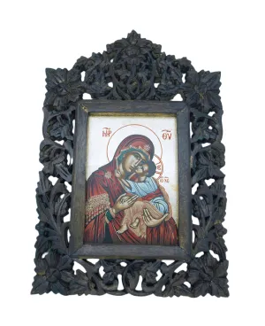 Greek Icon, Hand Painted Serigraph in Carved Wood