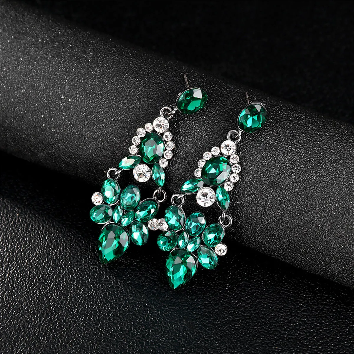 Green & Cubic Zirconia Cluster Drop Earrings