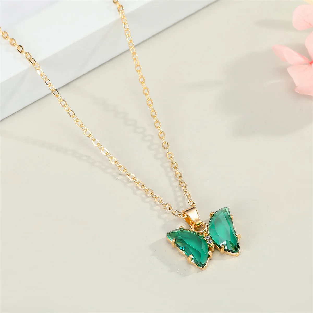 Green Crystal & Cubic Zirconia Butterfly Pendant Necklace
