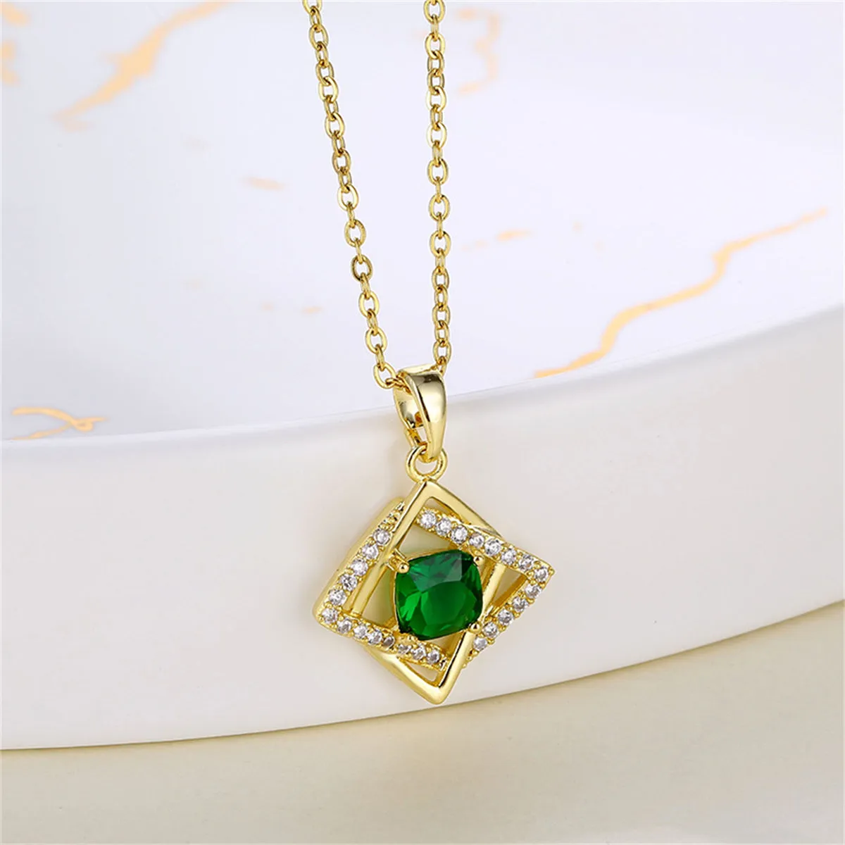 Green Crystal & Cubic Zirconia Interlocked Pendant Necklace