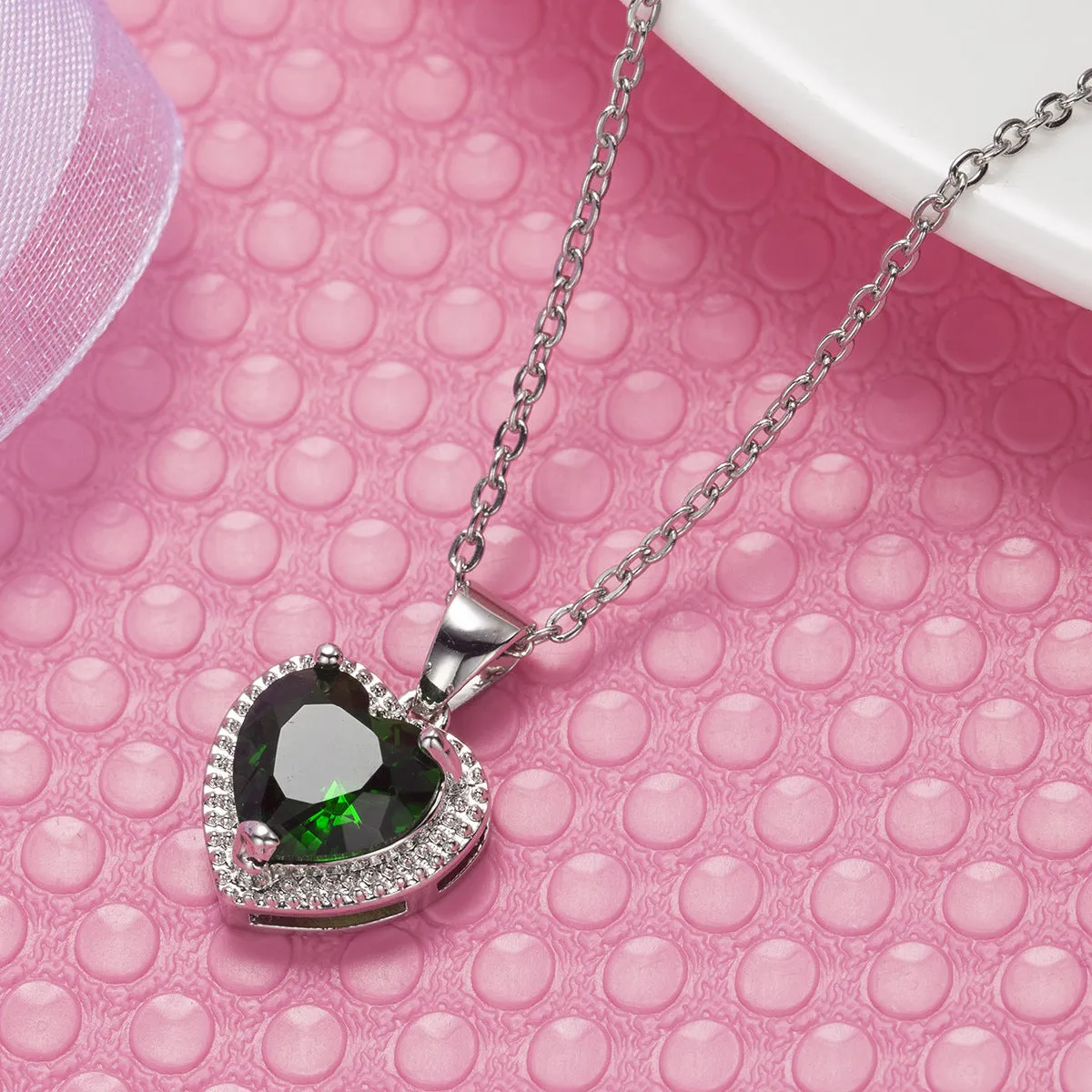 Green Crystal & Silver-Plated Heart Halo Pendant Necklace